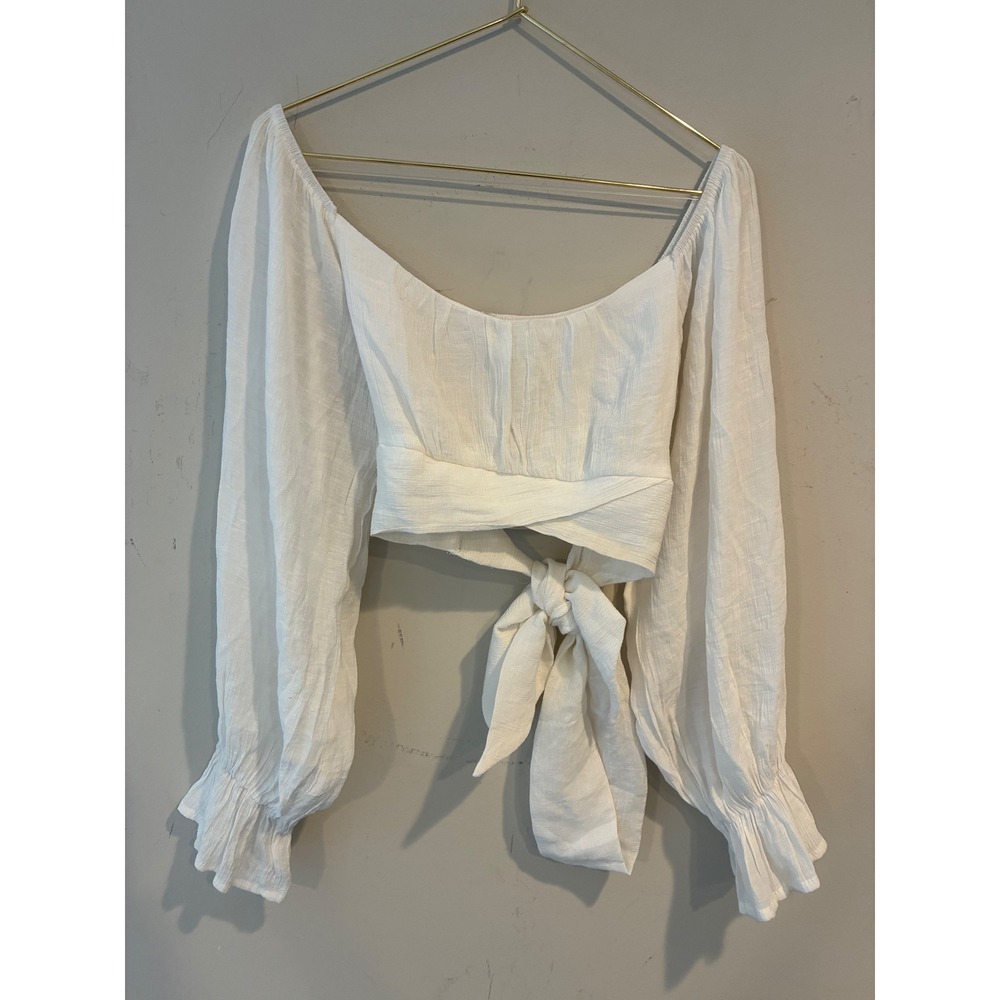 White Textured Gauze Balloon Sleeve Wrap Tie Waist Crop Top Blouse Medium